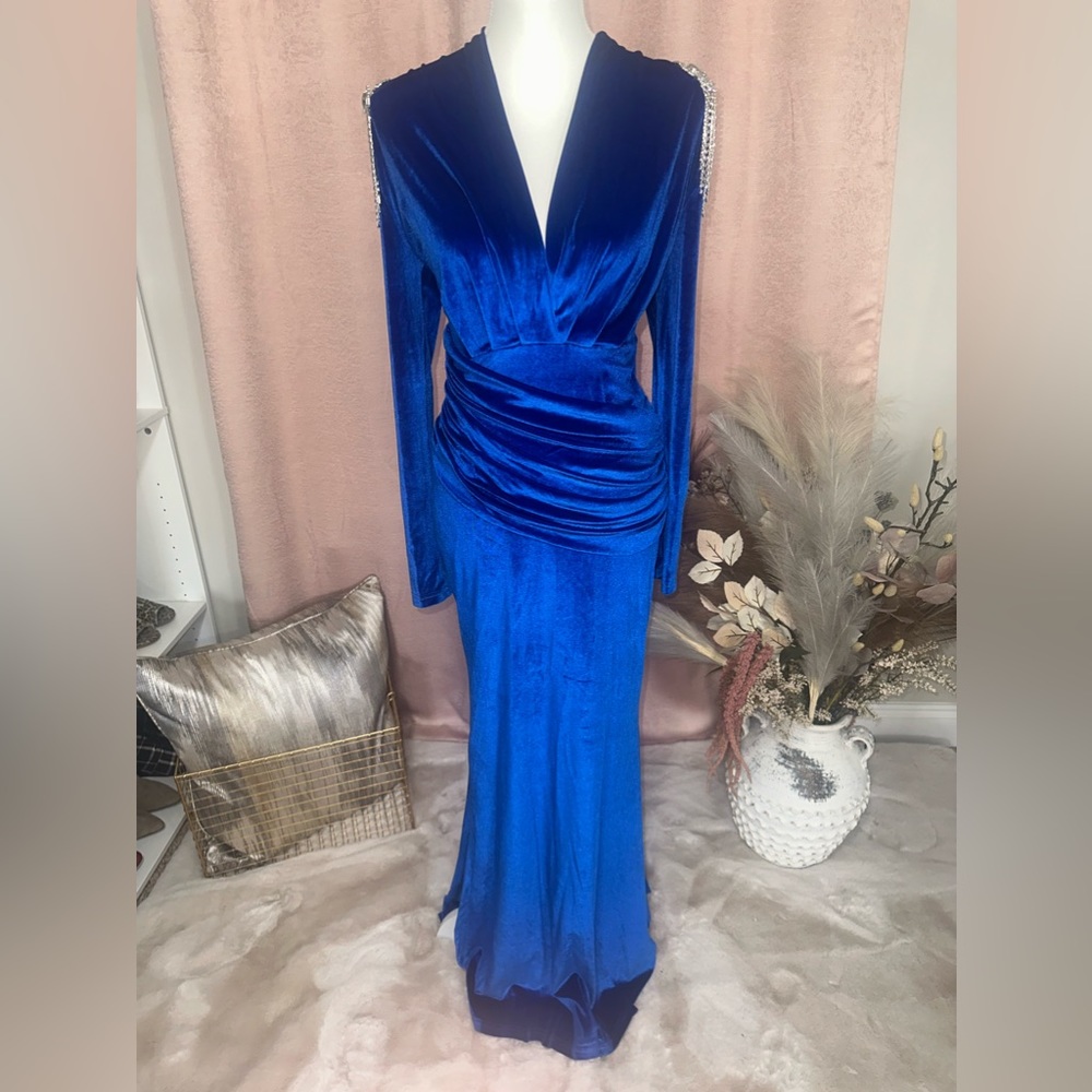 Royal Blue Velvet Formal long sleeve Dress with Rhinestone sleeve embellishments